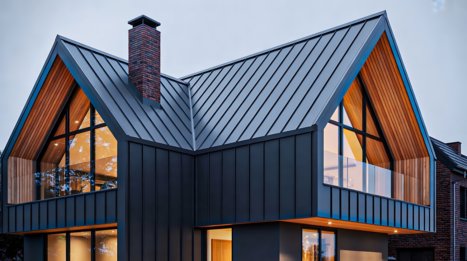 Wall Batten panels in charcoal on a modern home, paired with matching roofing, wood-clad gables, and tall glass windows.