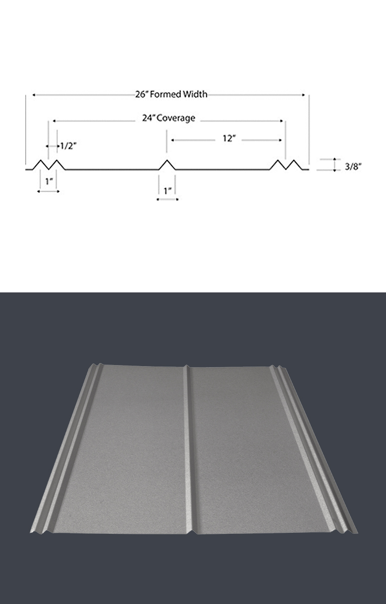 Cross-section drawing above an angled view of the 5V panel in a silver Galvalume finish, dimensioned at 26 inch formed width, 24 inch coverage, and 3/8 inch rib height.