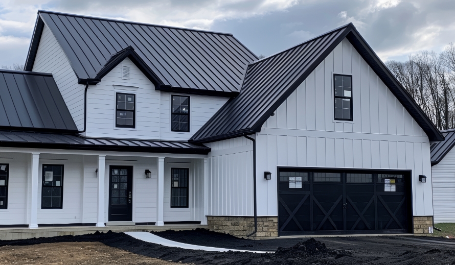 Black metal roofing across every gable and porch of a newly built white farmhouse, with black windows and X-braced garage doors.