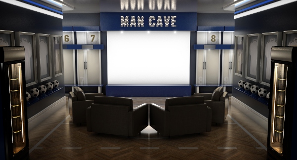 A room that looks like a mini-sports viewing center has the title man cave at the front and center.