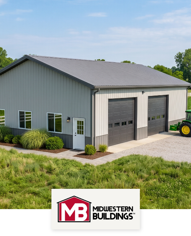 Light gray metal siding with a darker gray wainscot and a dark gray metal roof on a workshop, with two charcoal overhead doors, a white walk-in door, and landscaping along the side.