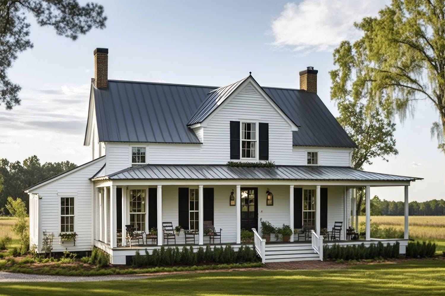 Dark gray metal roofing over the gable, dormer, and wraparound porch of a white farmhouse, with black shutters, two brick chimneys, and open fields behind.