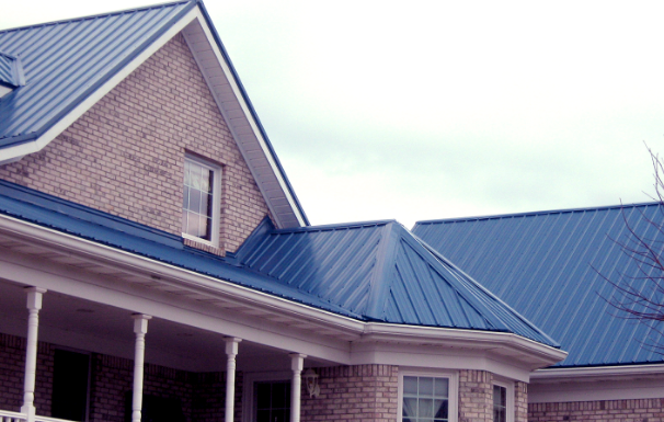 Blue metal roof on a house